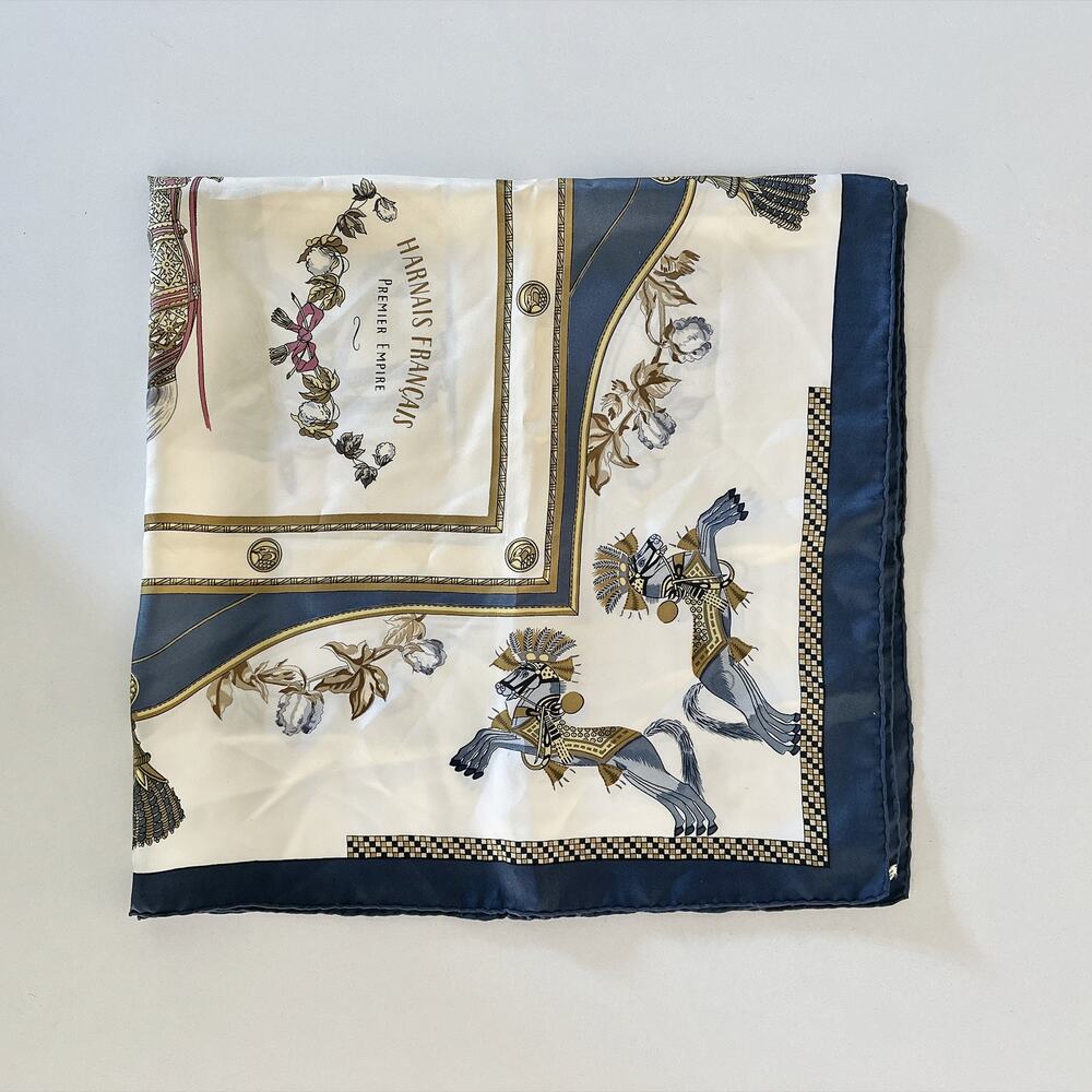 VINTAGE HERMES SCARF HARNAIS FRANCAIS BLUE 100% SILK - Picture 13 of 16